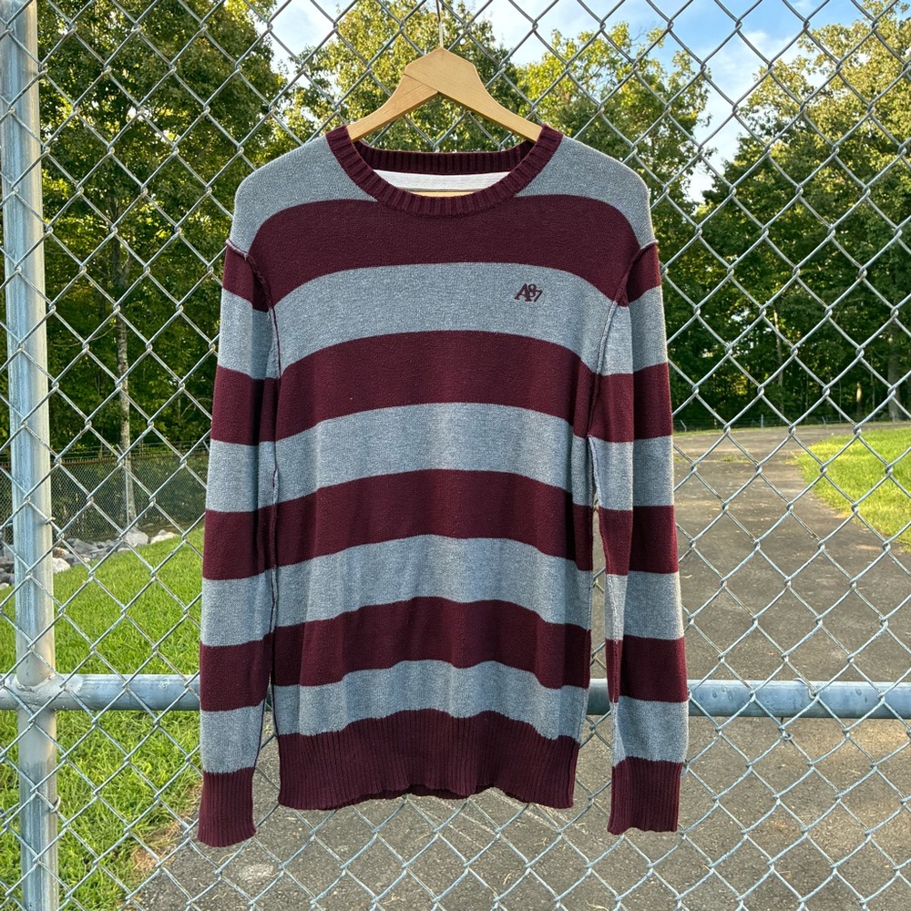 Y2K Aeropostale Men’s Burgundy Grey Stripe Crewneck Long Sleeve Sweater Size Lg